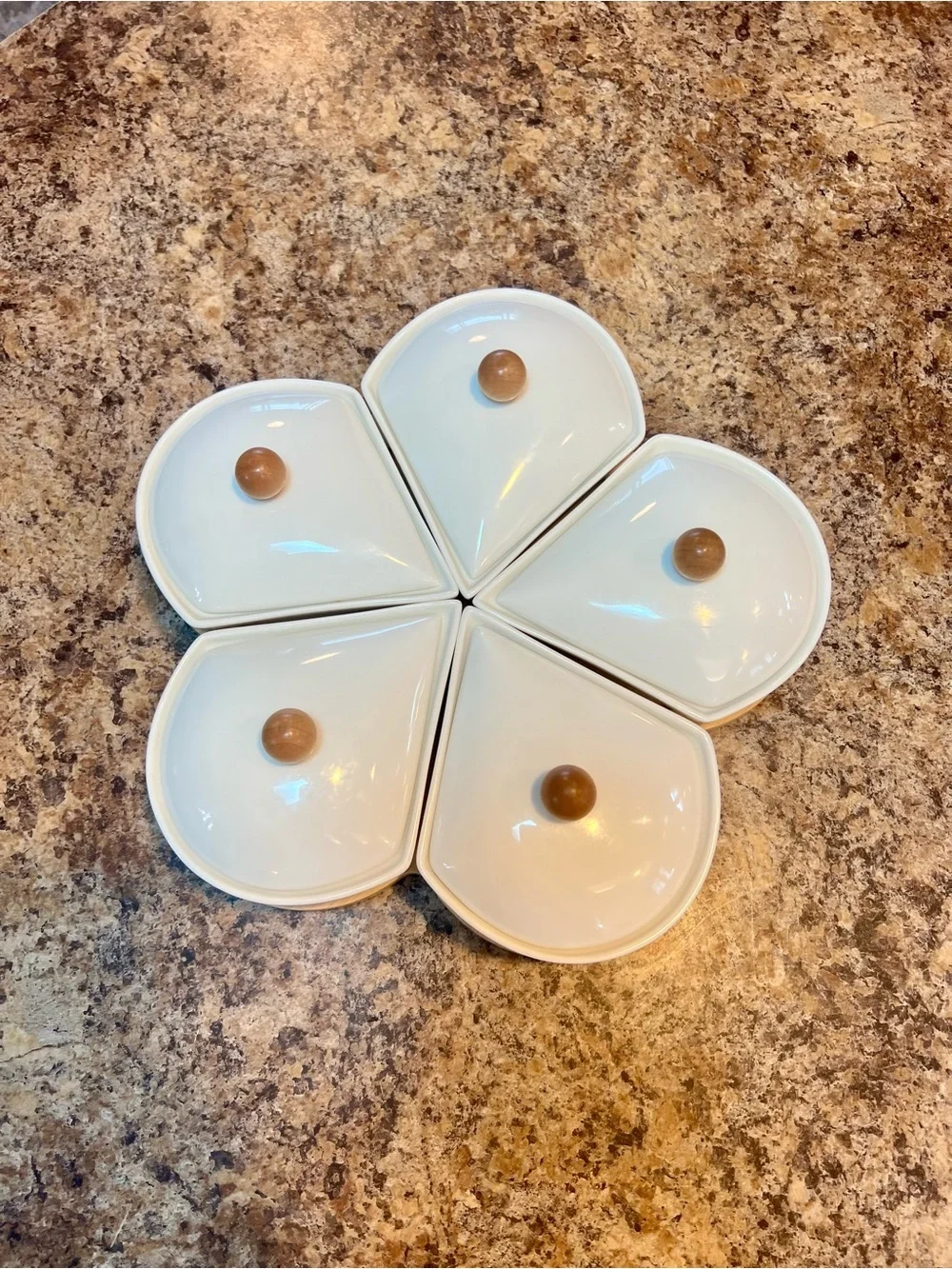 White Ceramic Flower Serving Set with Wood Knob Lids